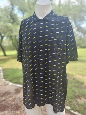 Eubi Men's Black Short-Sleeve Button-Up Shirt Green Alligator Croc Print XL